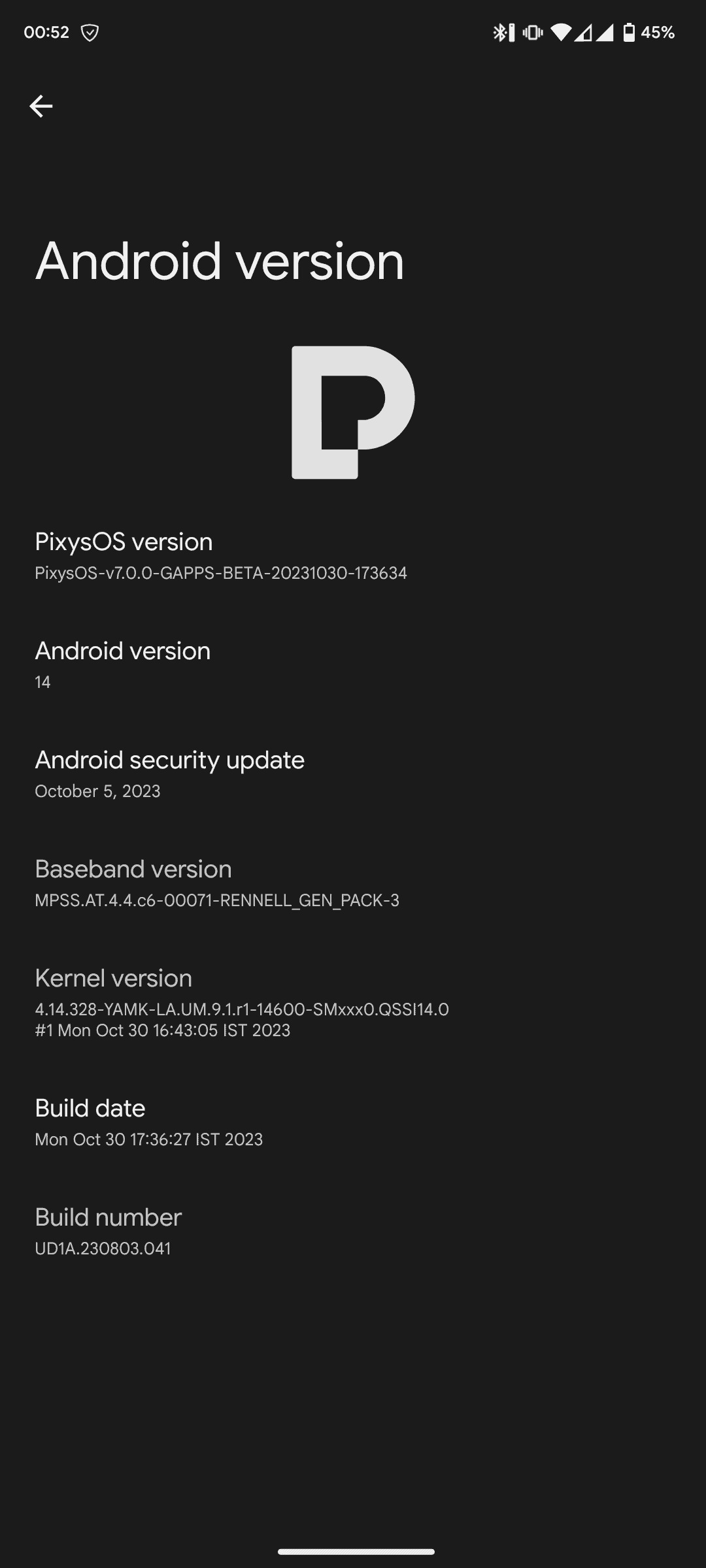 PixysOS 7 baziran na Androidu 14 u Postavkama - O telefonu na Redmi Note 9 Pro
