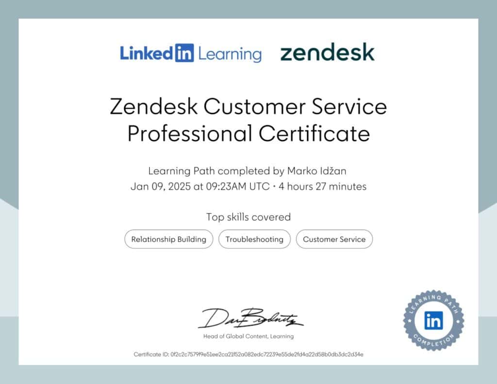 Zendesk Customer Service Professional Certificate issued by LinkedIn and Zendesk