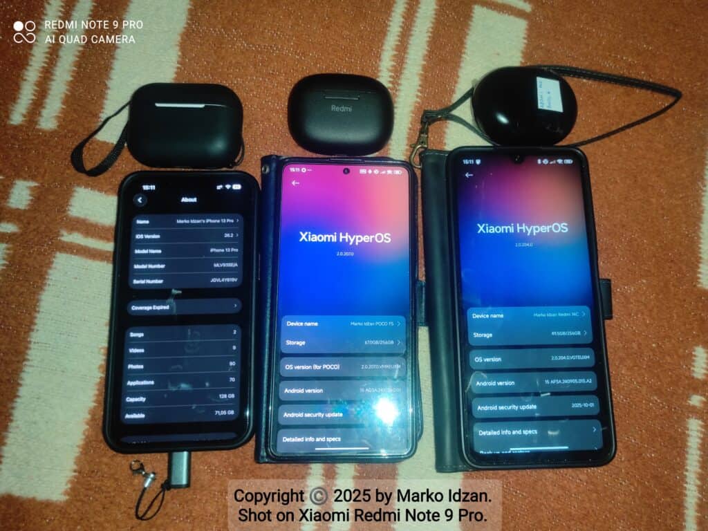 Triple phone wielding – Android user experience with iPhone 13 Pro and iOS (long-term personal review) - iPhone 13 Pro, Poco F5 and Redmi 14C (Watermarked)